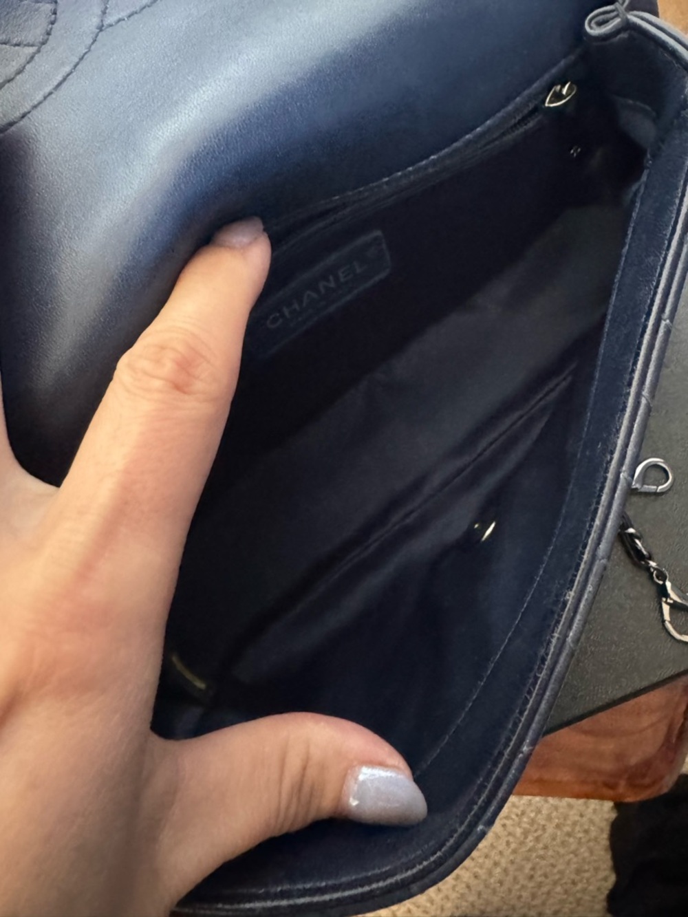 Chanel Small CC Flap Chevron Navy Blue Lambskin Ruthenium Hardware - Picture 9 of 11